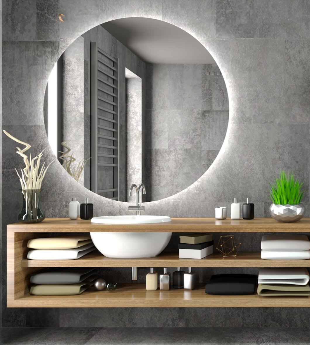 Beheizter Spiegel nach Maß für Badezimmer mit rundem LED-Rahmen, moderner Wandgestaltung und stilvollem Holzwaschtisch