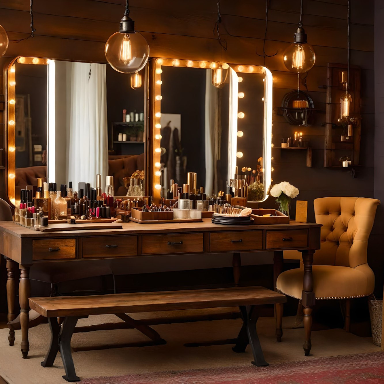 Spiegel nach Maß für Friseursalons und Make-Up-Bereiche mit warmem Licht, Holzkommode und stilvoller Einrichtung in einem modernen Salon